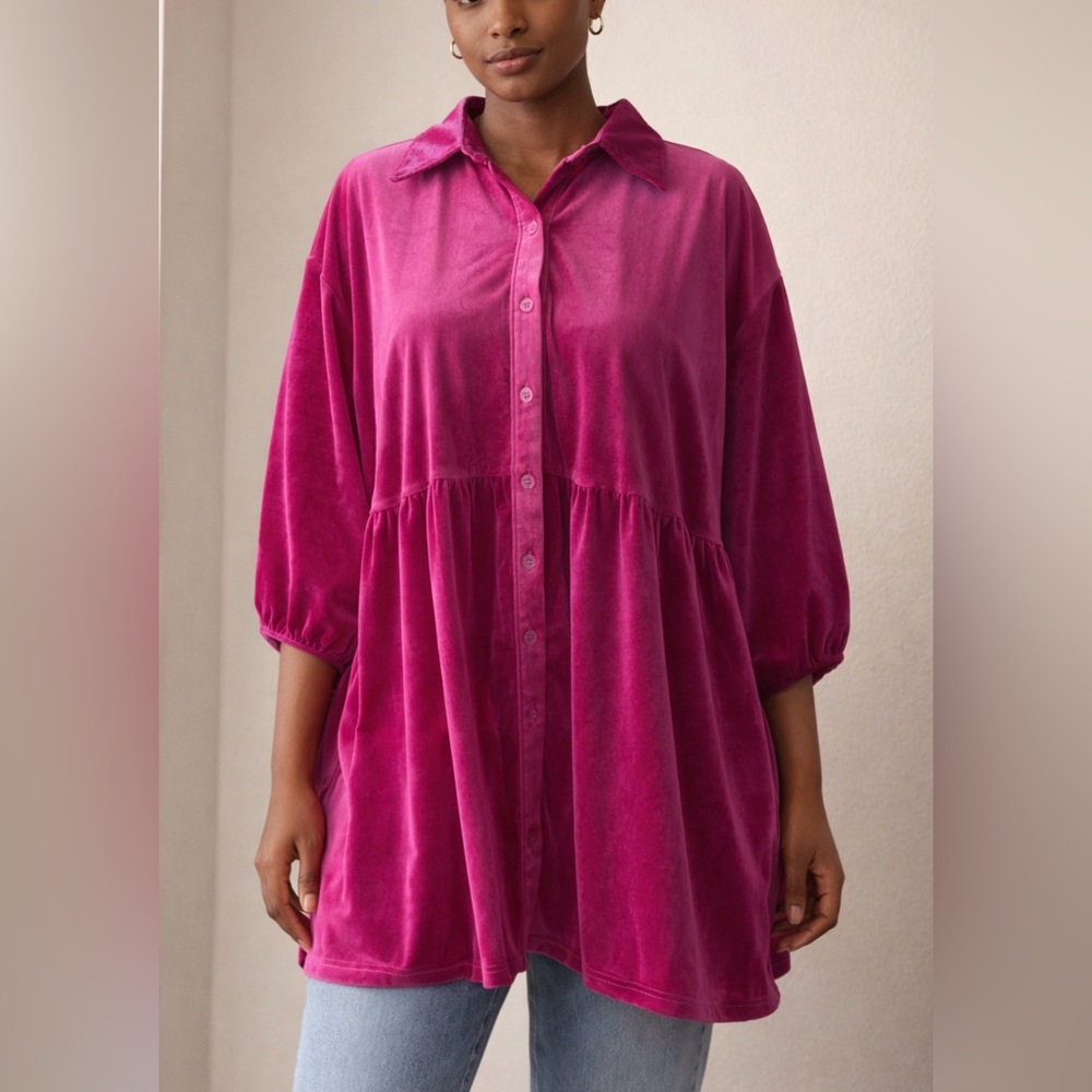 💖 Fuchsia Velvet Tiered Tunic Button Down Shirt Dress